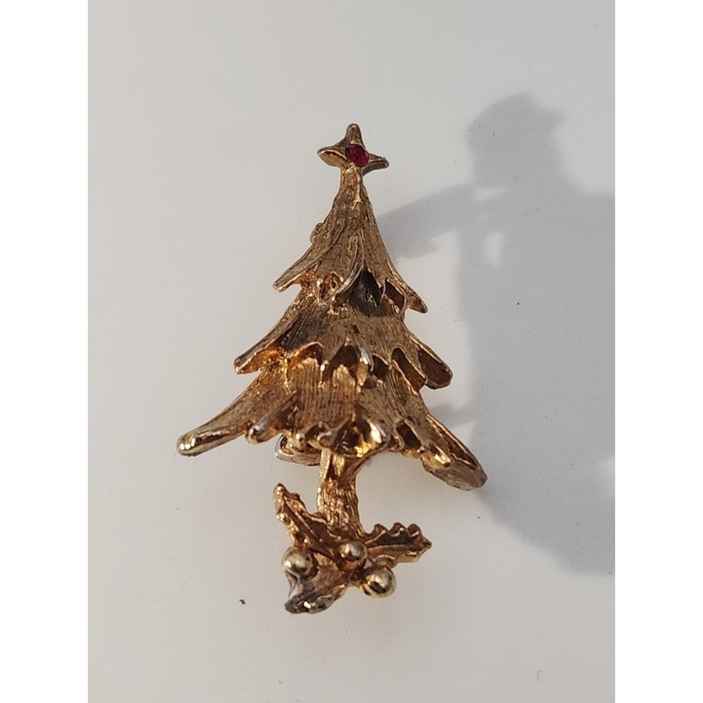 Vintage small Christmas Tree Brooch with Holly‎ Base & Small Red Rhinestone